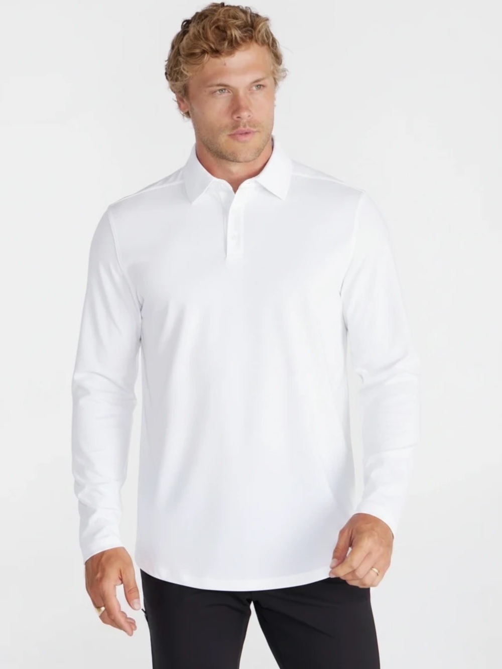BYLT Basics Men’s Bayside Long-Sleeve Polo in White. Size Medium
